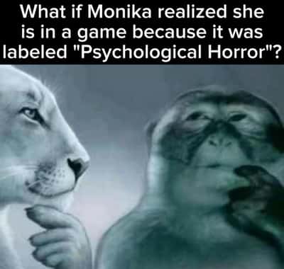 Lion yelling at monkey meme thinking monika realizes she is in horror game