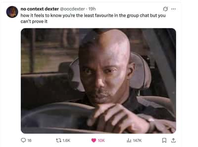 Doakes sus meme sitting in car feeling you are the least favourite in group chat but can't prove it