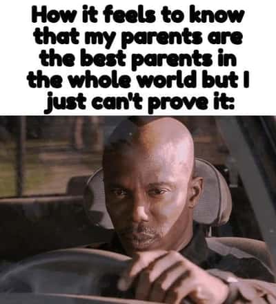Doakes sus meme sitting in car with suspicious look, can't prove his parents are the best in the world
