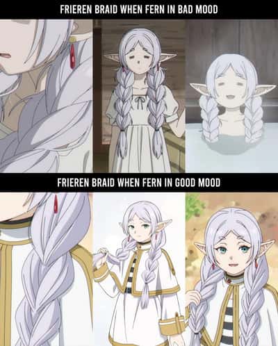 Frieren meme braid when Fern in bad mood vs good mood