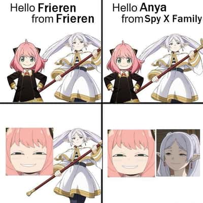 Frieren meme saying hello to Anya with smug reaction