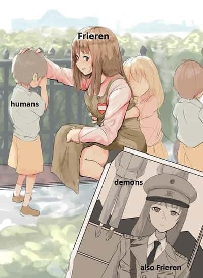 Frieren meme comforting humans while demons get ignored