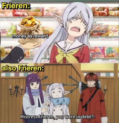 Frieren meme rejects money but ends up in debt