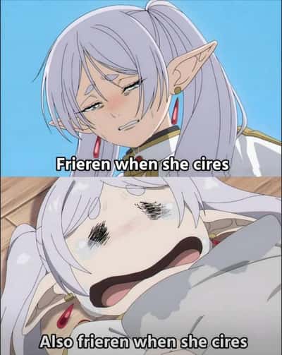 Frieren meme crying hard when she actually cares
