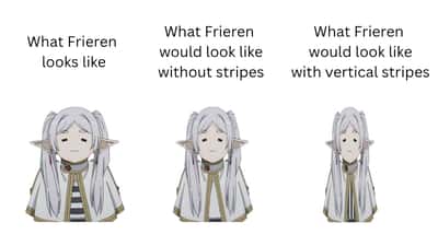 Frieren meme without stripes vs vertical stripes look