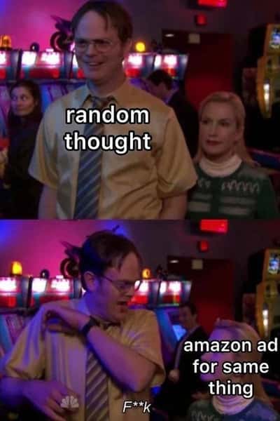 Angela scares dwight meme reacting to targeted ads for random thoughts