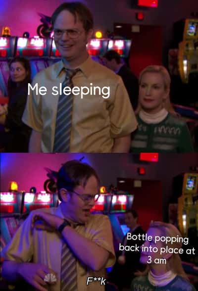 Angela scares dwight meme reacting to bottle popping at 3am while sleeping