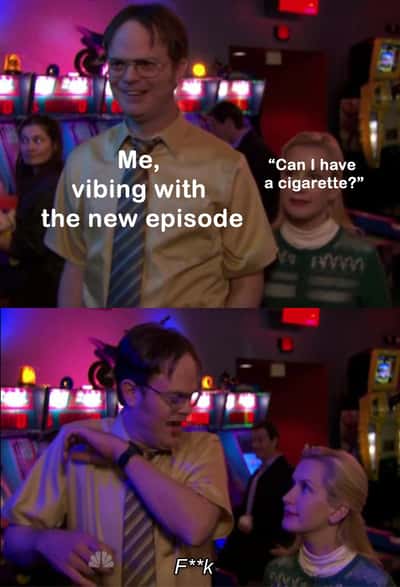 Angela scares dwight meme reacting to cigarette request mid show