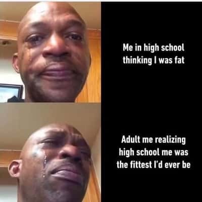 Black man crying meme about regretting high school body perception
