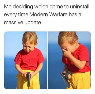 Crying kid with gun meme choosing game to uninstall for modern warfare update