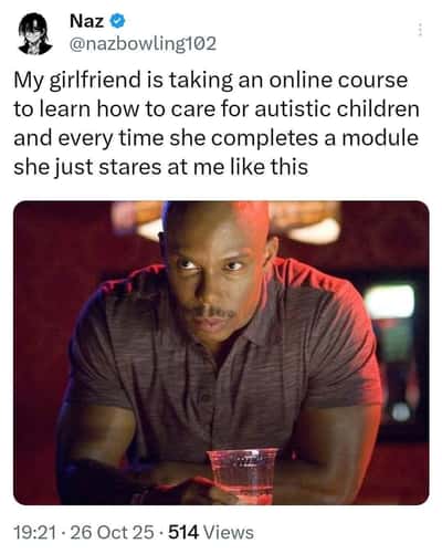 Doakes meme getting stared at by girlfriend every time she finishes autistic care course module