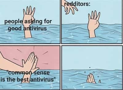 Drowning high five meme redditors saying common sense is best antivirus