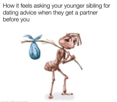 Homeless ant meme asking younger sibling for dating advice awkwardly