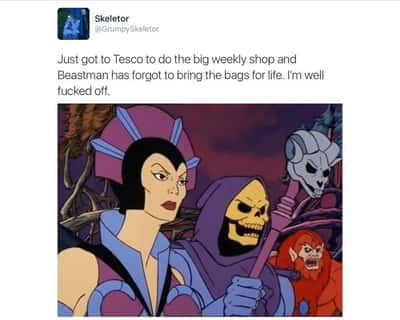Skeletor meme forgot bags for Tesco weekly shop rage