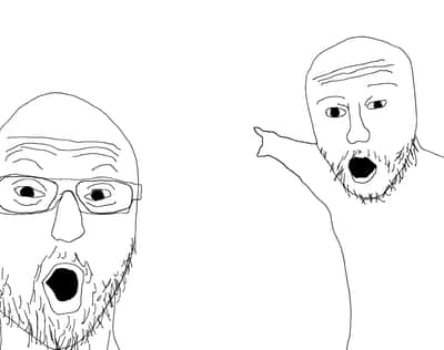 Two soyjaks pointing meme template