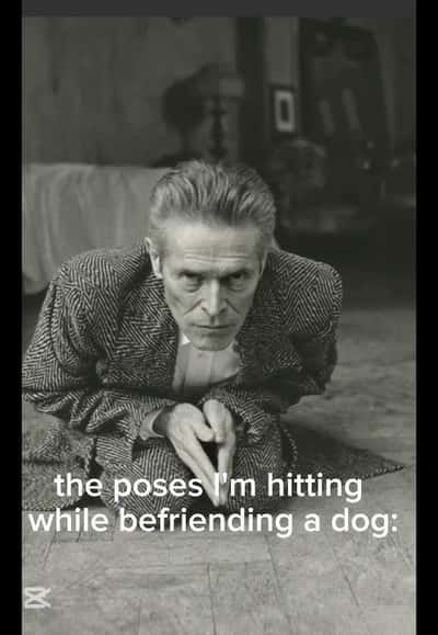 Willem dafoe meme pose while befriending a dog