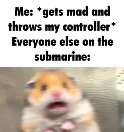 Scared hamster meme panicking when angry gamer throws controller on submarine