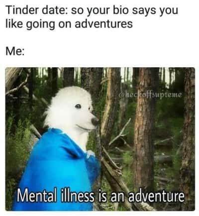 Sneaky white forest dog meme awkwardly dodging tinder date adventure questions