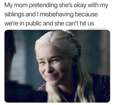 Daenerys squint smile meme mom hiding anger in public