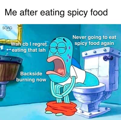 Devastated Spongebob blue fish meme hunched over toilet regretting spicy food