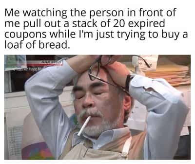 Devastated Hayao Miyazaki meme completely defeated stuck in slow grocery checkout line