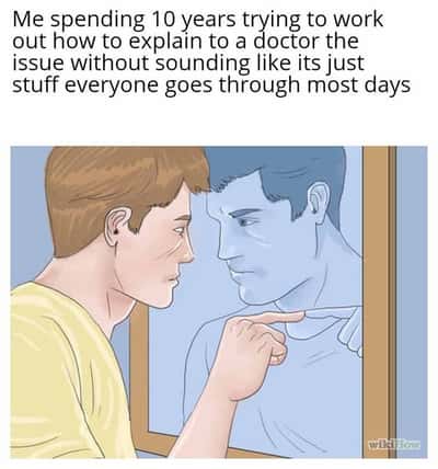Wikihow pointing mirror meme about explaining issues to a doctor