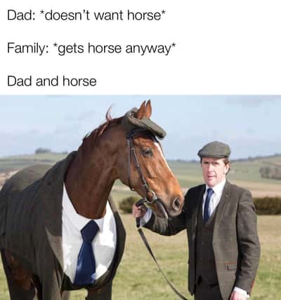 Horse meme dad who didn't want a horse now wears matching formal outfits with his horse