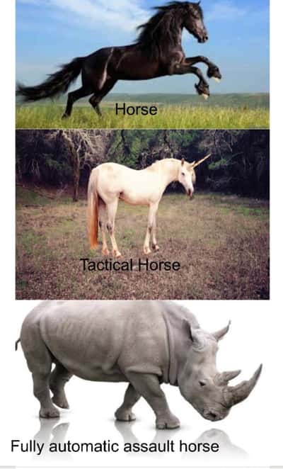 Horse meme evolving from normal to tactical then fully automatic assault horse