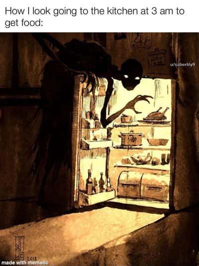 Creepy shadow monster meme sneaking to get food from fridge at 3 am