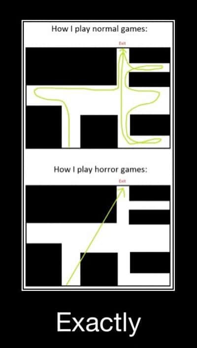 Maze game meme rushing straight to exit when playing horror games