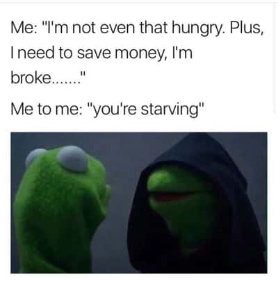 Evil hooded kermit meme convincing broke self you are starving instead of saving money