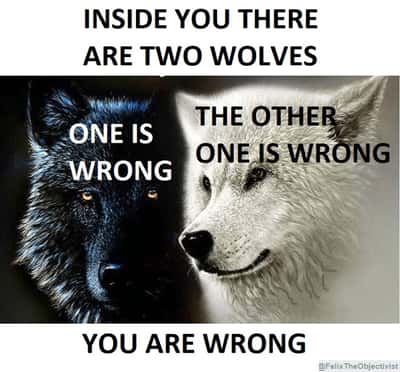 Inside you there are two wolves meme both wolves say you are wrong
