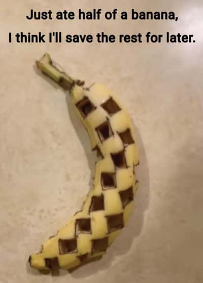 Banana meme carved with square holes to save the rest after eating half