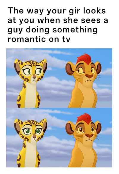 Fuli cheetah side eye meme judging her boyfriend for not being as romantic as TV