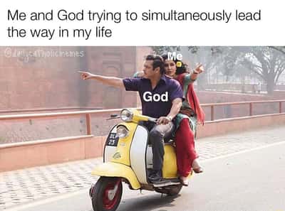 Me and god meme pointing different ways to lead life