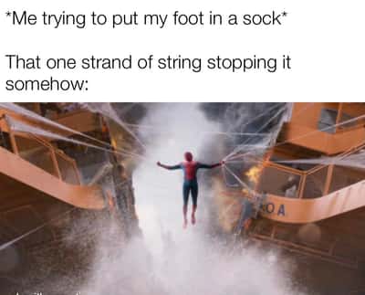 Spider-man meme stopping your foot from getting into sock