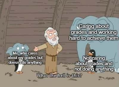 Noah ark meme confused at two identical lazy student grade mindsets