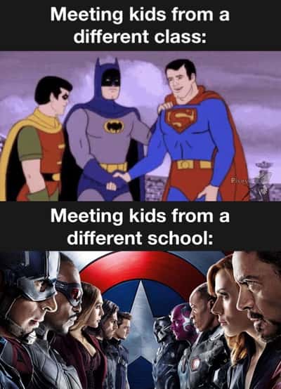 Superhero meme meeting kids from different class and school