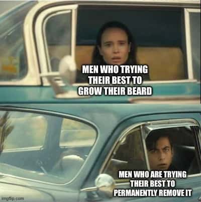 Men meme staring shocked over opposite beard goals