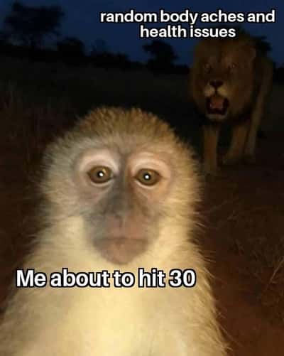 Monkey is cooked meme facing health pains turning thirty