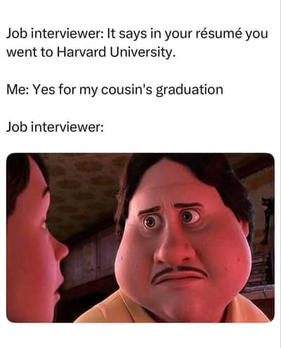 Monster house staring face meme reacting to harvard resume lie at awkward job interview