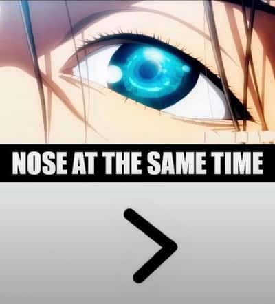 Glowing blue anime eye meme staring at greater than sign as nose at the same time