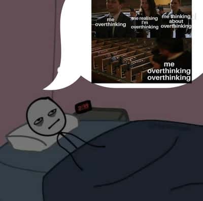 Sleepy stick figure recursive overthinking meme lying wide awake in bed at 2:39am