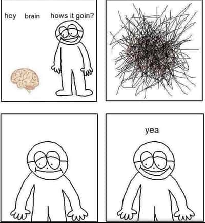 Goofy stick figure overthinking meme hiding his completely tangled messy brain
