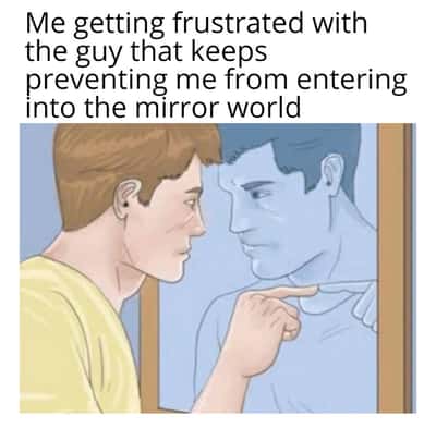 Pointing mirror guy meme about frustration with mirror world block