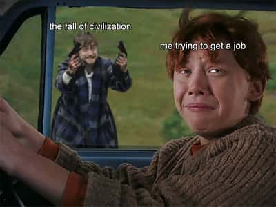 Ronb scared of harry meme panicking while driving away from apocalyptic chaos