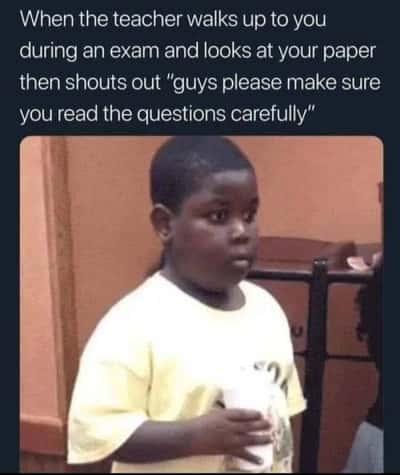 Side eye kid meme panicking as teacher calls out exam mistakes