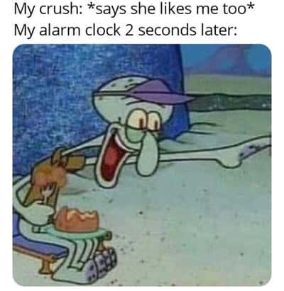 Squidward point and laugh meme waking up from a good dream