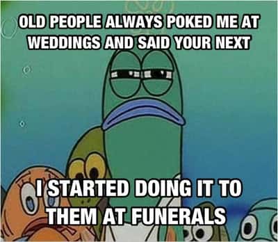 Squinting fish from spongebob meme revenge wedding funeral joke