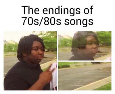 Disappearing guy meme fading out at 70s 80s song endings